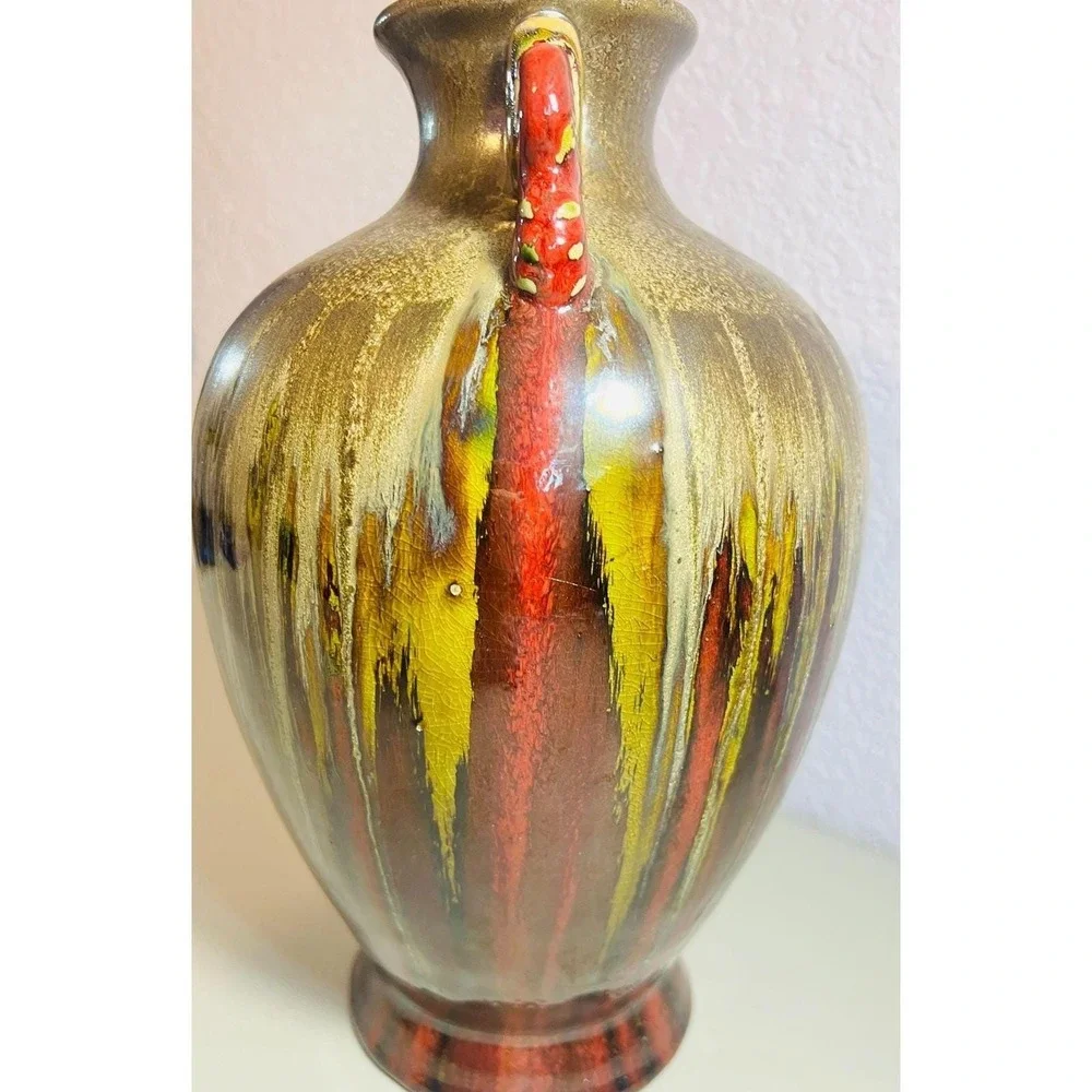 Vtg‎ Vase Ceramic Drip Glaze Metallic Gold Red Olive Swirl Handles Mystique 12in
